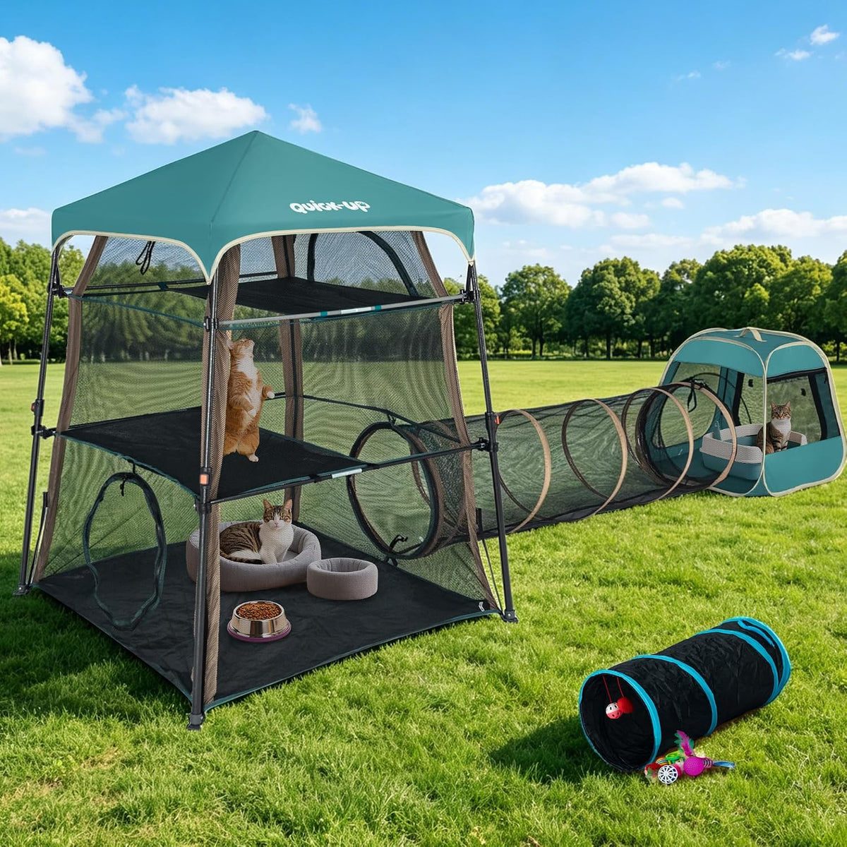 Foldable 3-in-1 cat play enclosure with tunnel and small cat house – view 3