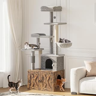Modern Cat Tree Tower with Litter Box Enclosure, Large Condo, Food Station, Storage, Scratching Posts and Hammock, Rustic