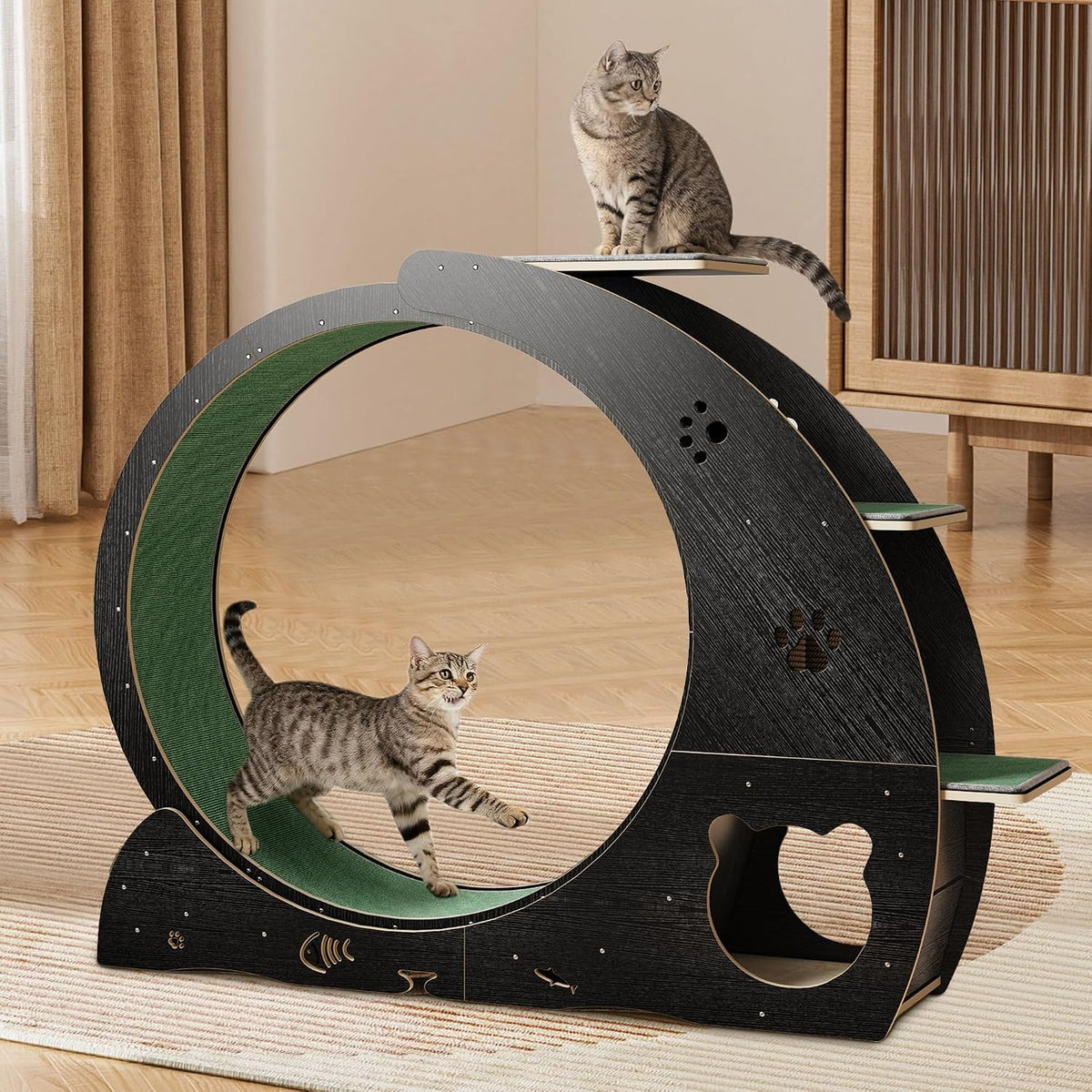 Solid wood cat running wheel with apartment and play roller