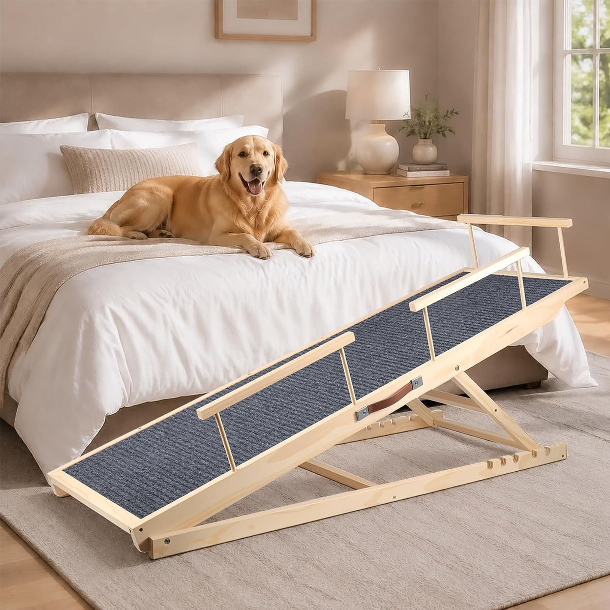 Dog ramp with side guardrails leading up to a couch