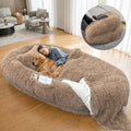 Khaki human-size memory foam dog bed with pillow and blanket