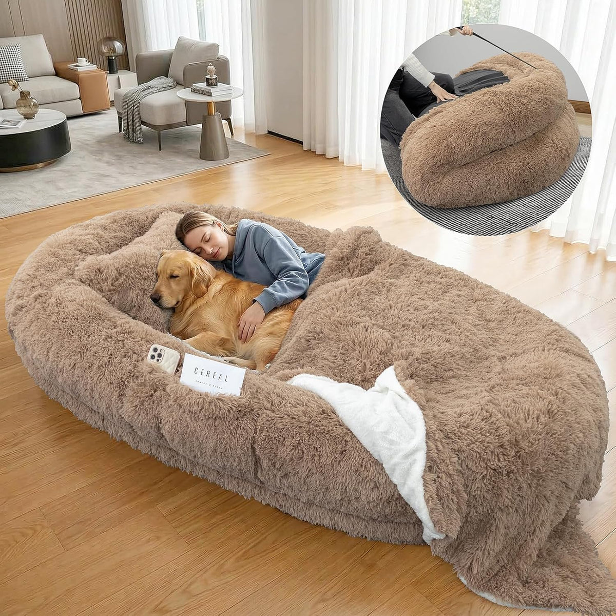 Khaki human-size memory foam dog bed with pillow and blanket