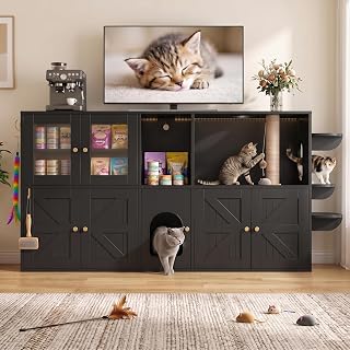 Double Cat Litter Box Enclosure with Storage, 3 Hooks and Built-In LED Light