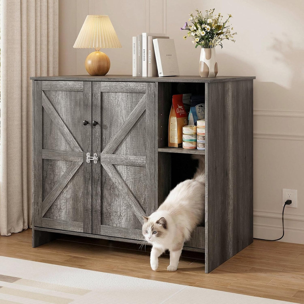 White extra large litter box enclosure cabinet with outlet for automatic box – view 2
