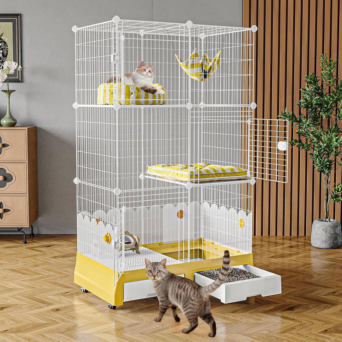Large three-tier cat cage on wheels with litter box enclosure