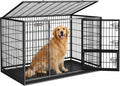 Black 48 inch heavy duty metal dog crate with double doors and tray