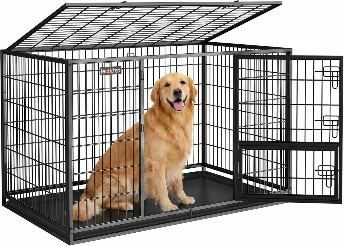 Black 48 inch heavy duty metal dog crate with double doors and tray