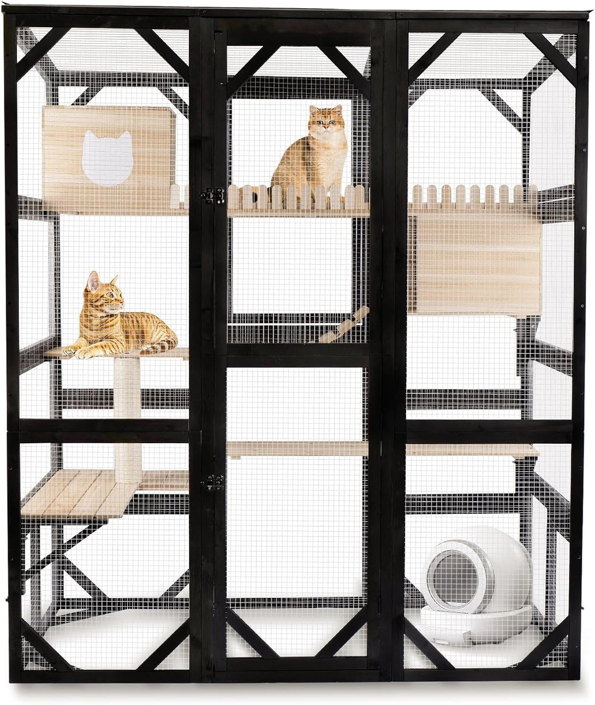 Walk-in wooden outdoor catio enclosure attached to a window