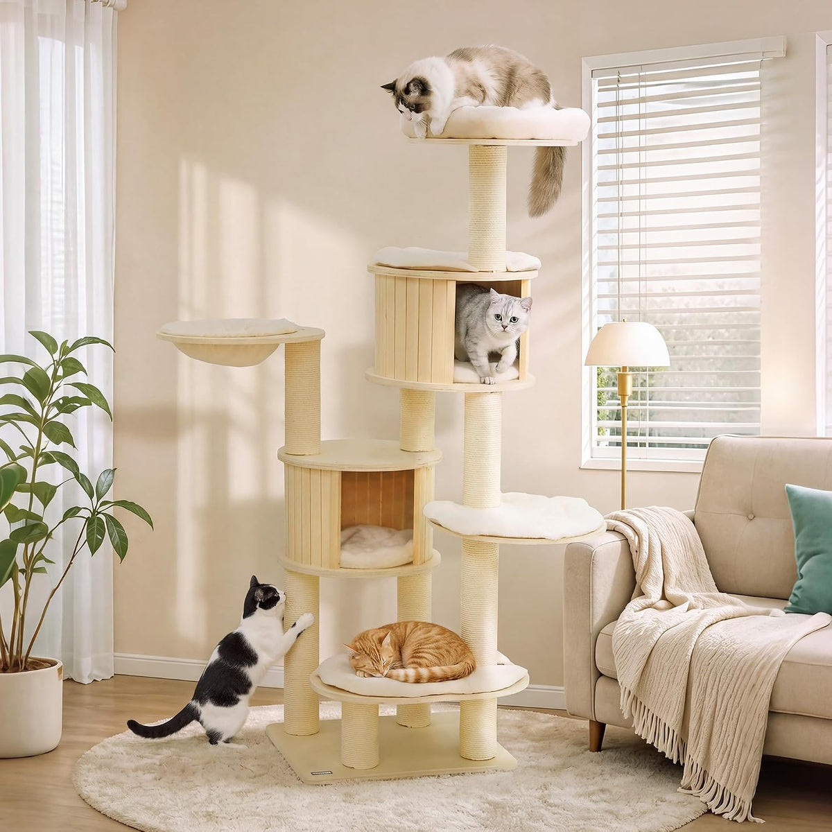 Tall modern wood cat tree with hammock, condo and cushions – view 3