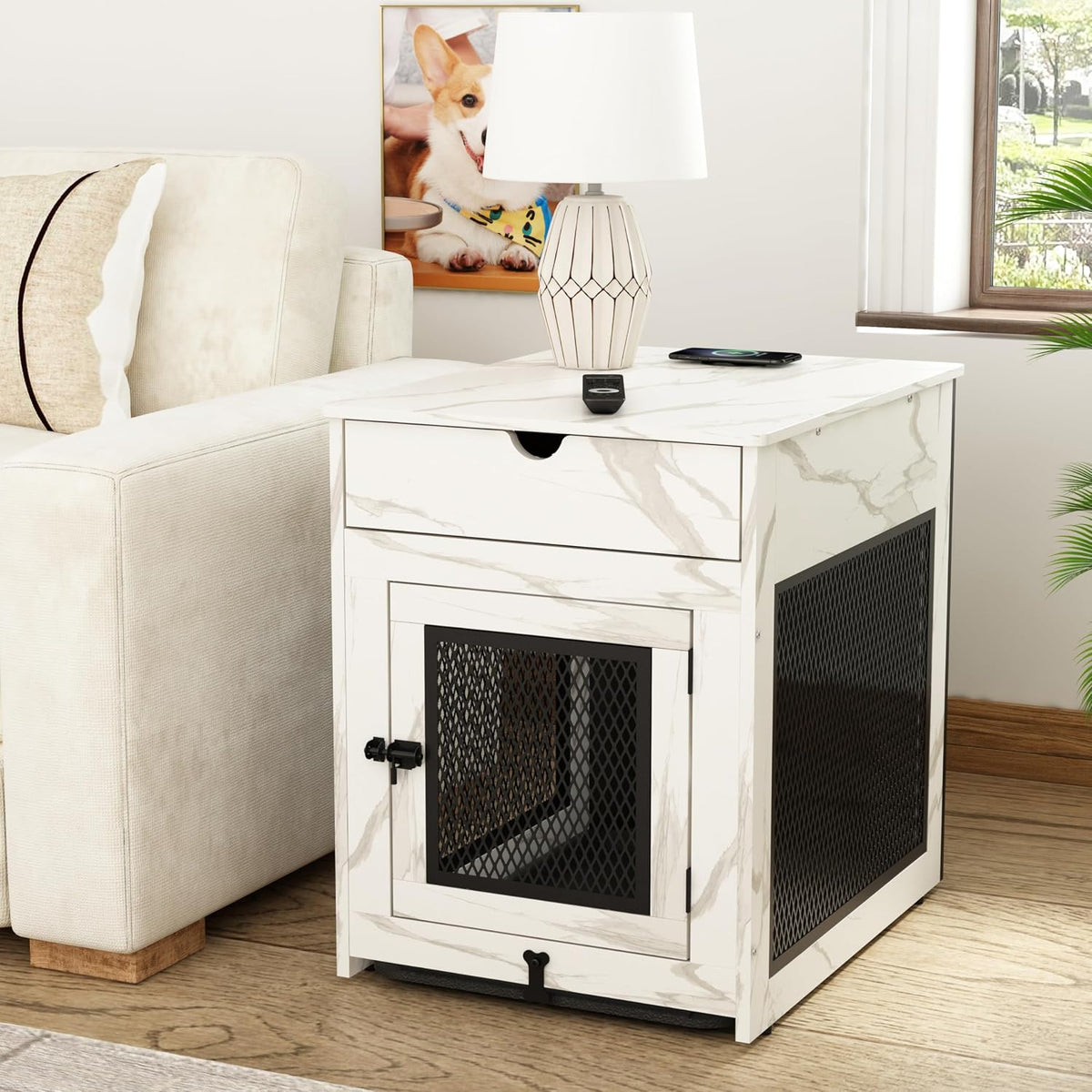Marble white wooden dog crate end table with drawer and charging pad