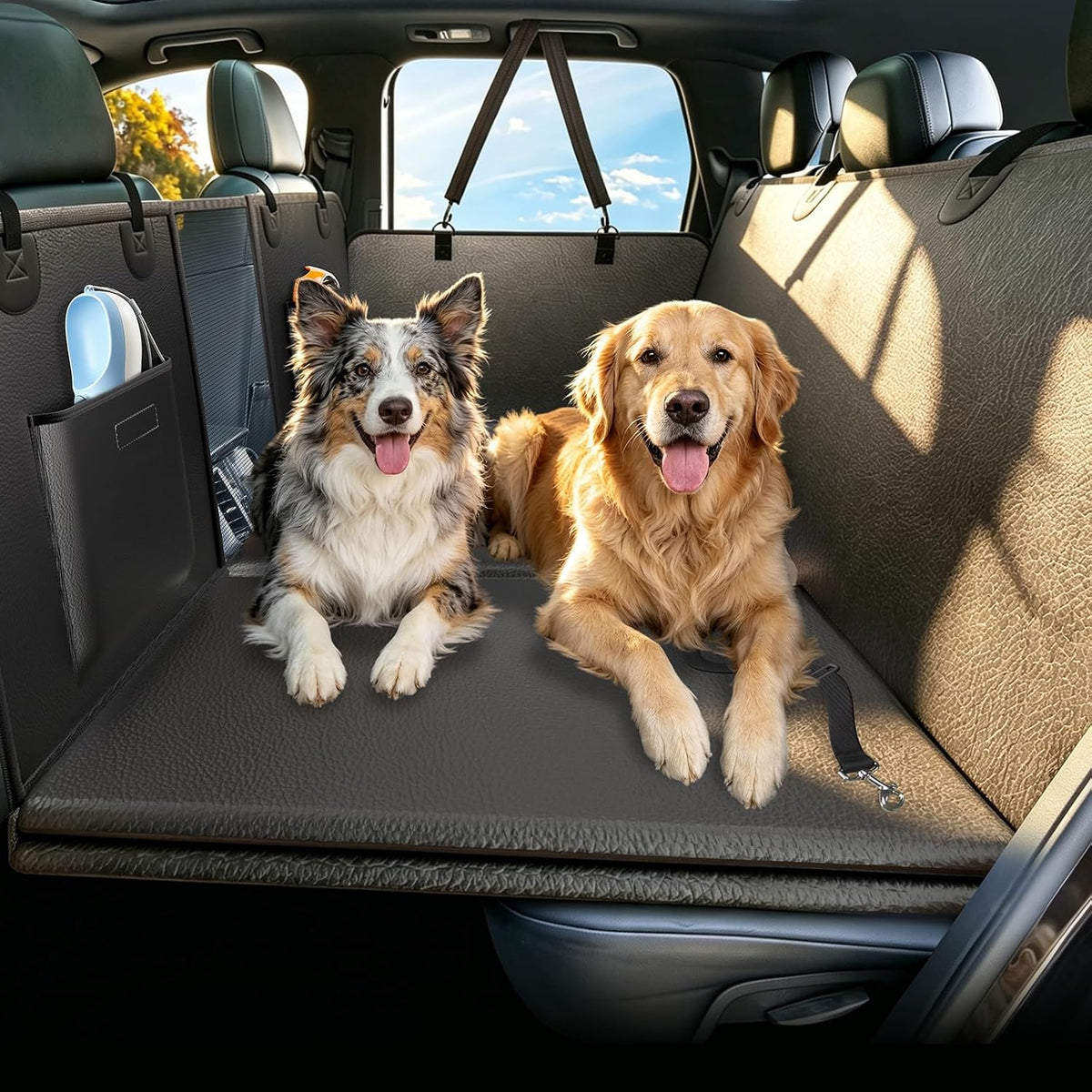 Black PU leather hard bottom dog seat cover installed in a truck back seat
