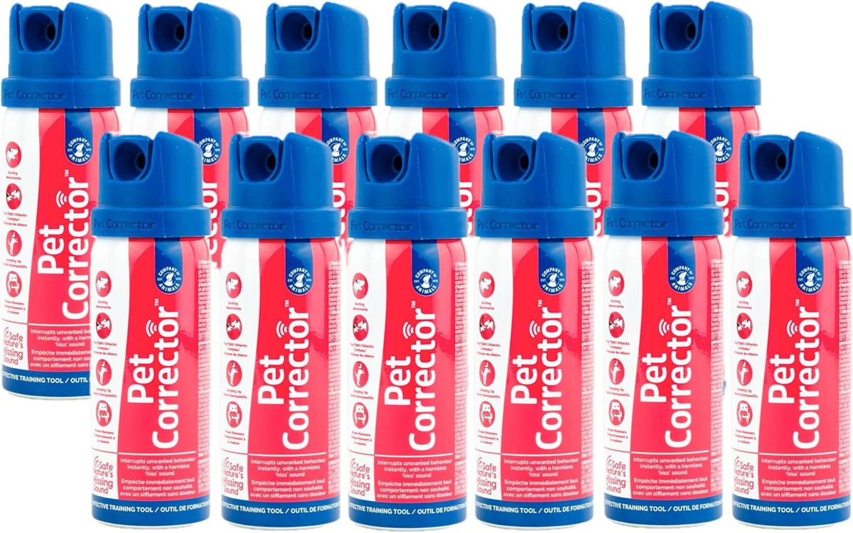 Twelve 30 mL cans of compressed air hiss dog training spray