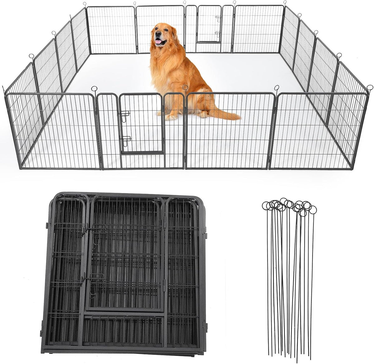 16 panel black metal dog playpen with gate set up in a yard