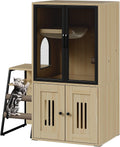 Burlywood double-layer litter box enclosure with ladder, hammock and mesh door