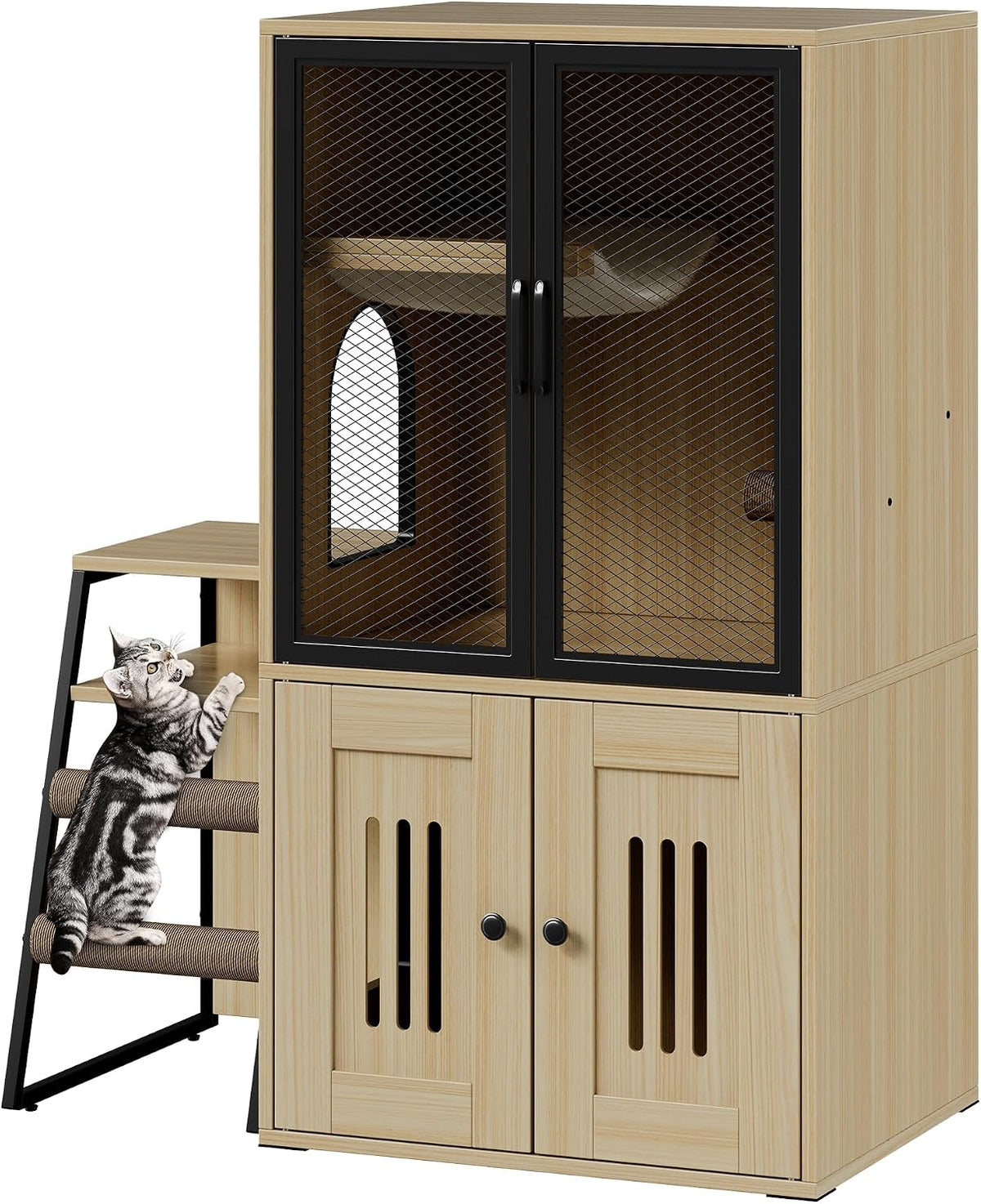 Burlywood double-layer litter box enclosure with ladder, hammock and mesh door