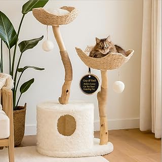 Cat Tree Tower with Real Wood Branch Scratching Post, Modern Cat Furniture, White, 46"