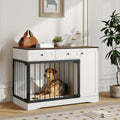 White modern farmhouse dog crate TV stand with drawers and side cabinet