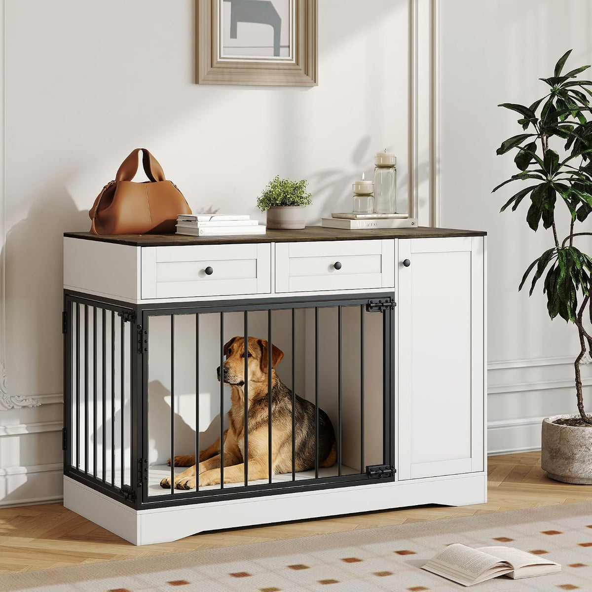 White modern farmhouse dog crate TV stand with drawers and side cabinet