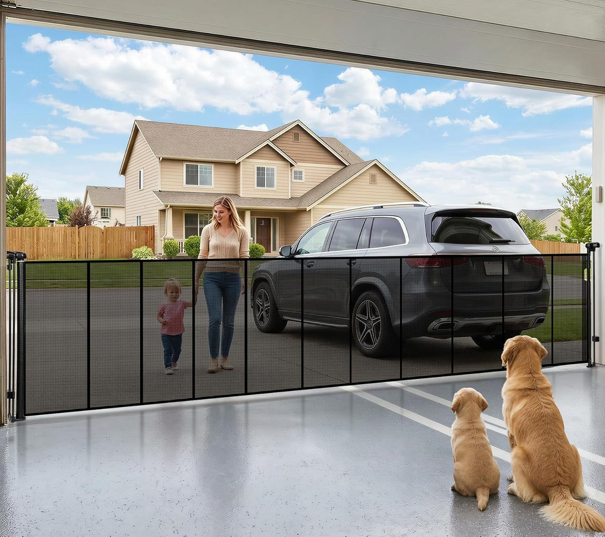 Black retractable mesh pet gate stretched across a wide open doorway