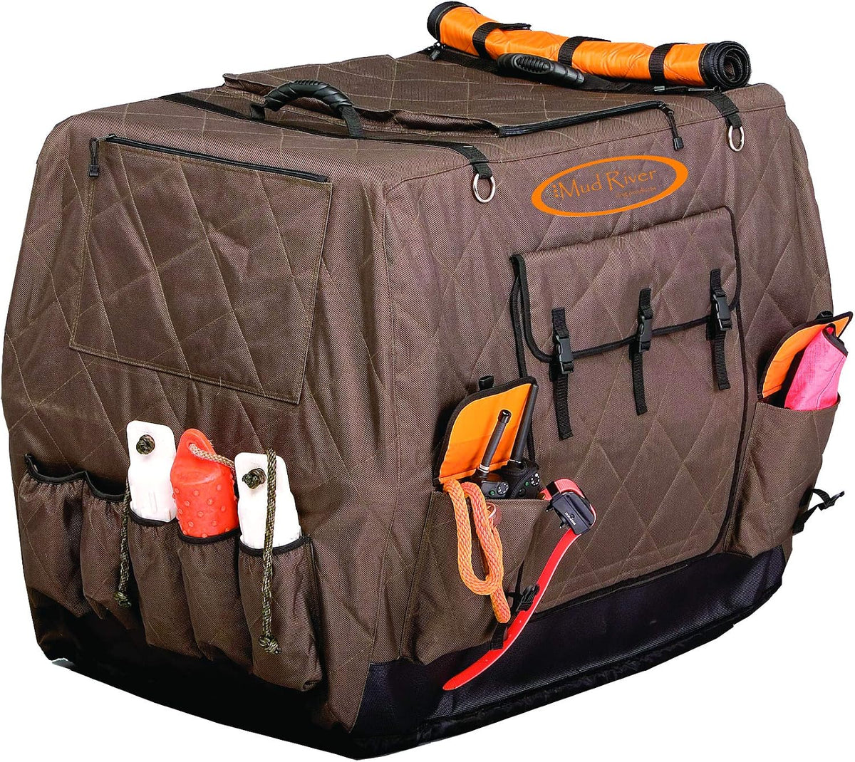 Brown fitted cover on a large standard dog kennel