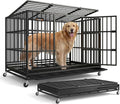 Black heavy-duty foldable dog crate with double doors and locking wheels