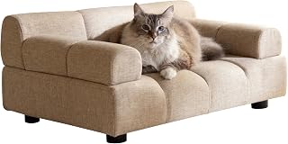 Paws & Purrs Puffer Pet Sofa Bed with Tufted Cushion and Armrest, Dog or Cat Couch, Sand