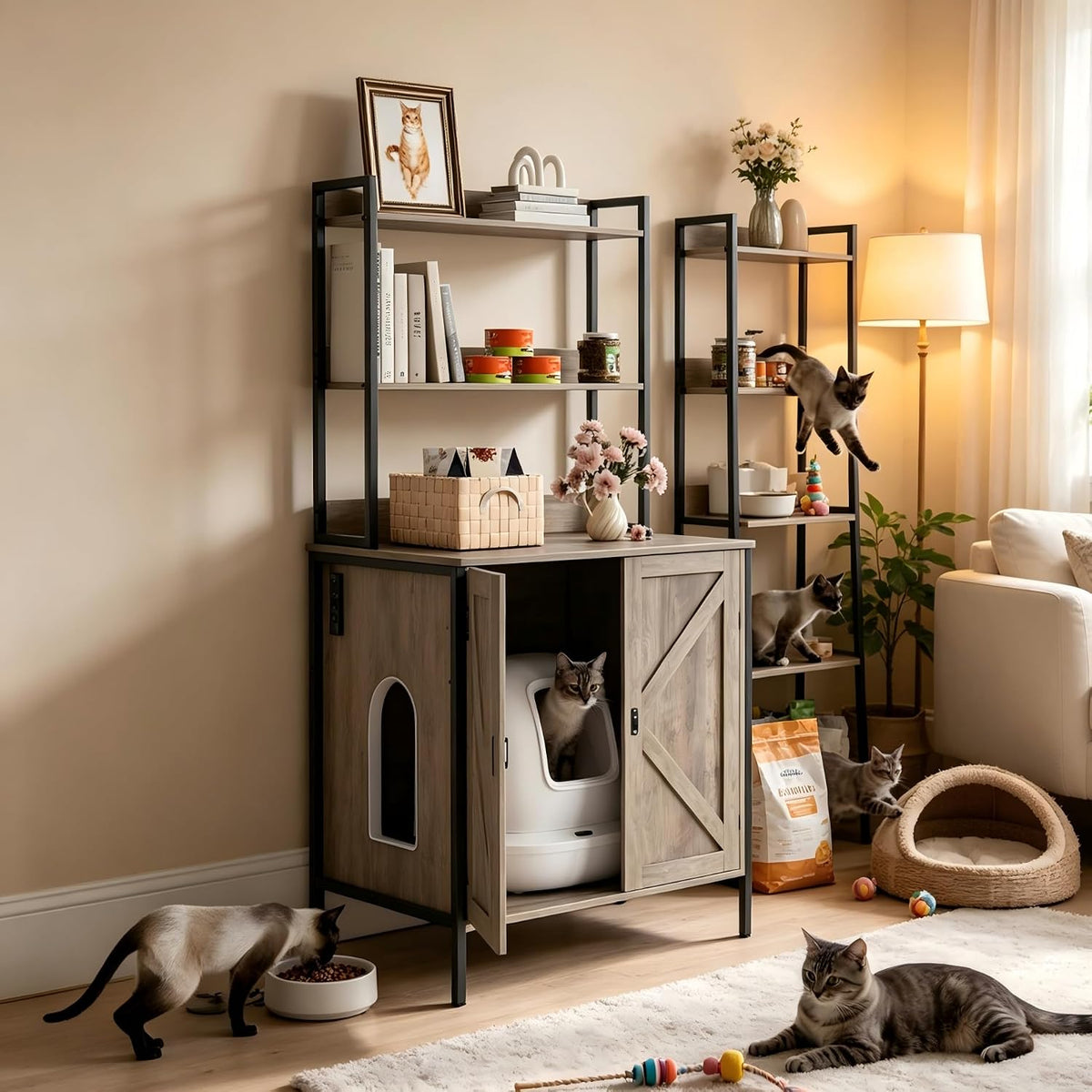 Gray 70 inch litter box cabinet with storage shelves and lockable doors