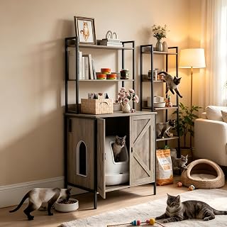 Hidden Cat Litter Cabinet, 70 Inch Enclosure with Built-In Power Outlet, Gray