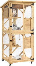 Grepatio Catio Outdoor Wooden Cat Enclosure with Weatherproof Roof, Platform, Sleep House, Scratching Board and Ball, Natural