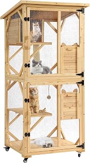 Grepatio Catio Outdoor Wooden Cat Enclosure with Weatherproof Roof, Platform, Sleep House, Scratching Board and Ball, Natural