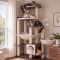 Rustic brown tall wood cat tower with condo and hammocks
