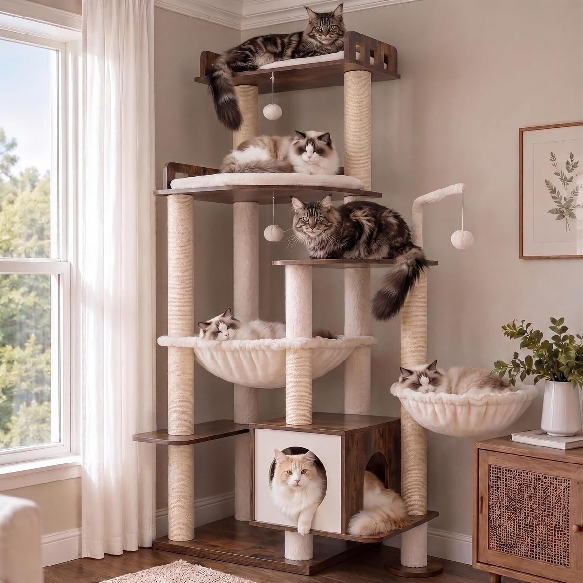 Rustic brown tall wood cat tower with condo and hammocks