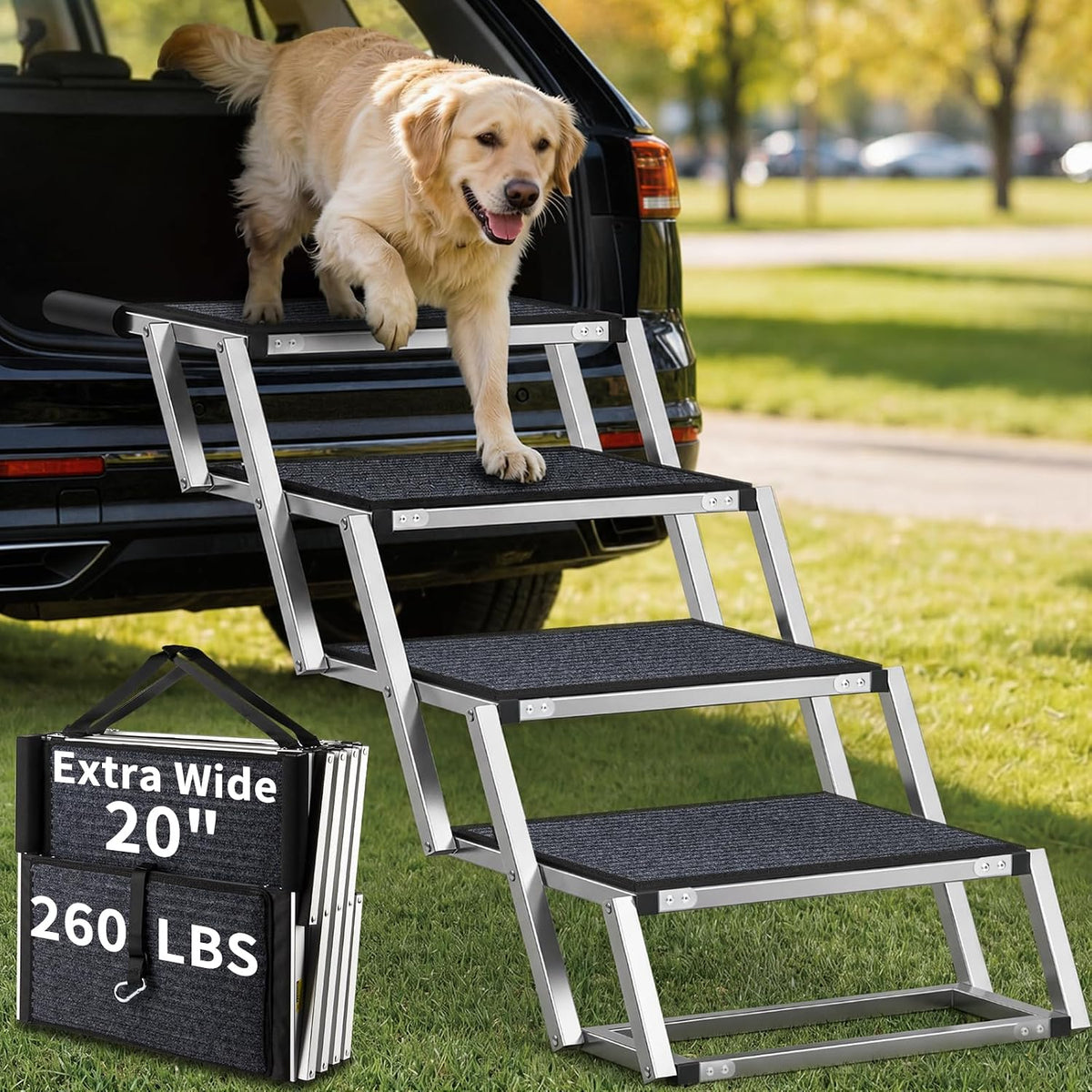 Folding aluminum dog stairs with 20 inch wide non-slip steps against a truck