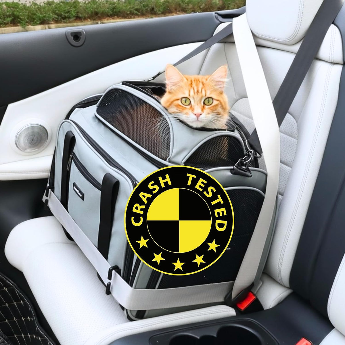Grey green expandable crash-tested cat carrier car seat