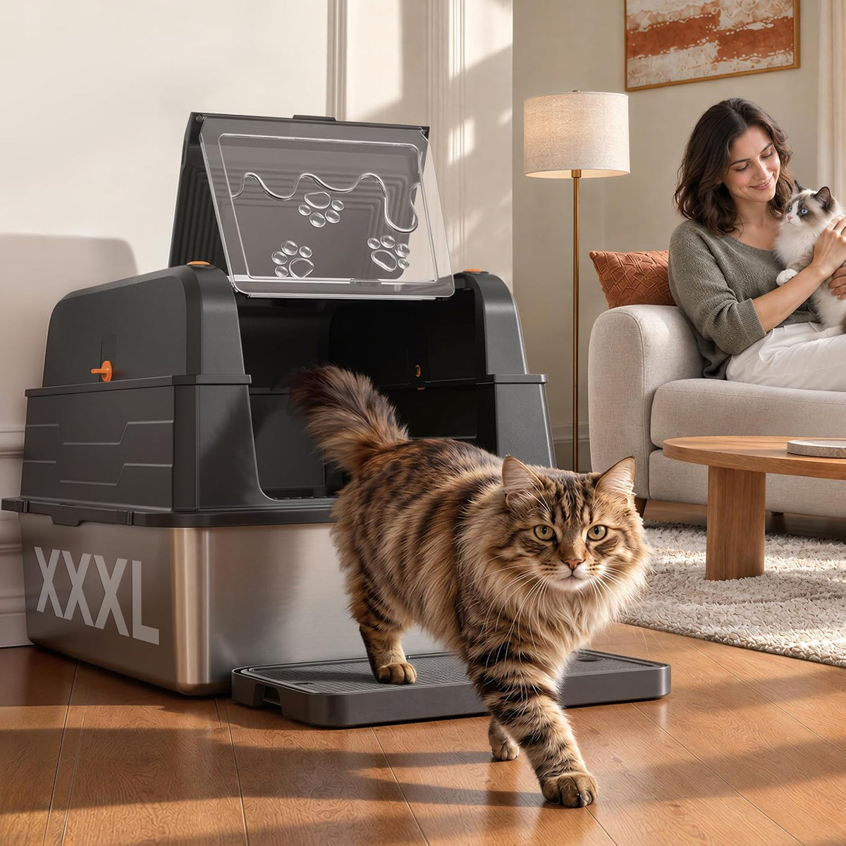 Large enclosed stainless steel cat litter box with scoop and mat – view 3