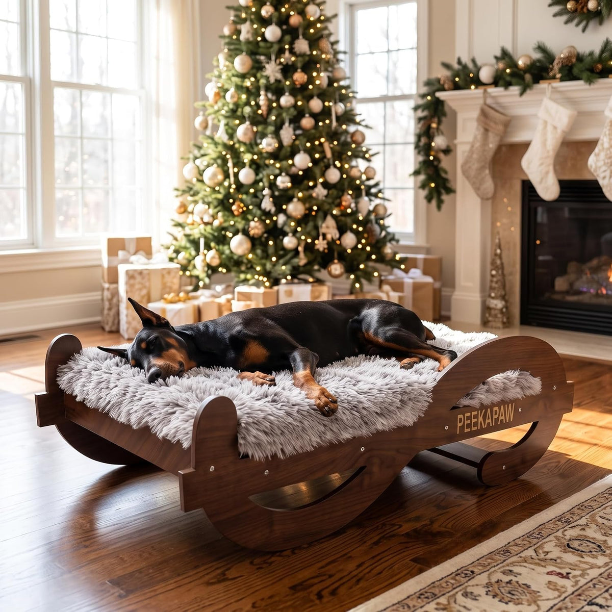 Walnut grain wooden elevated dog bed frame with mat