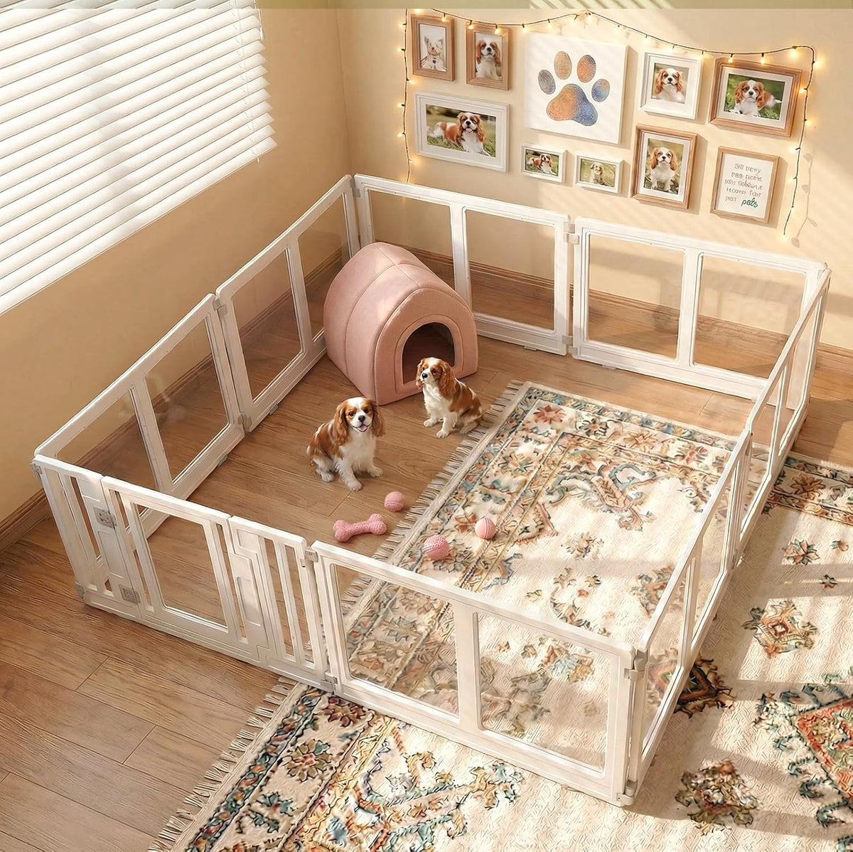 Square clear acrylic dog playpen with two locking doors in a modern room