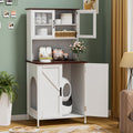 Cabinet with shelves and doors housing a self-cleaning cat litter box