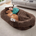 Coffee brown giant faux fur human dog bed with pillow