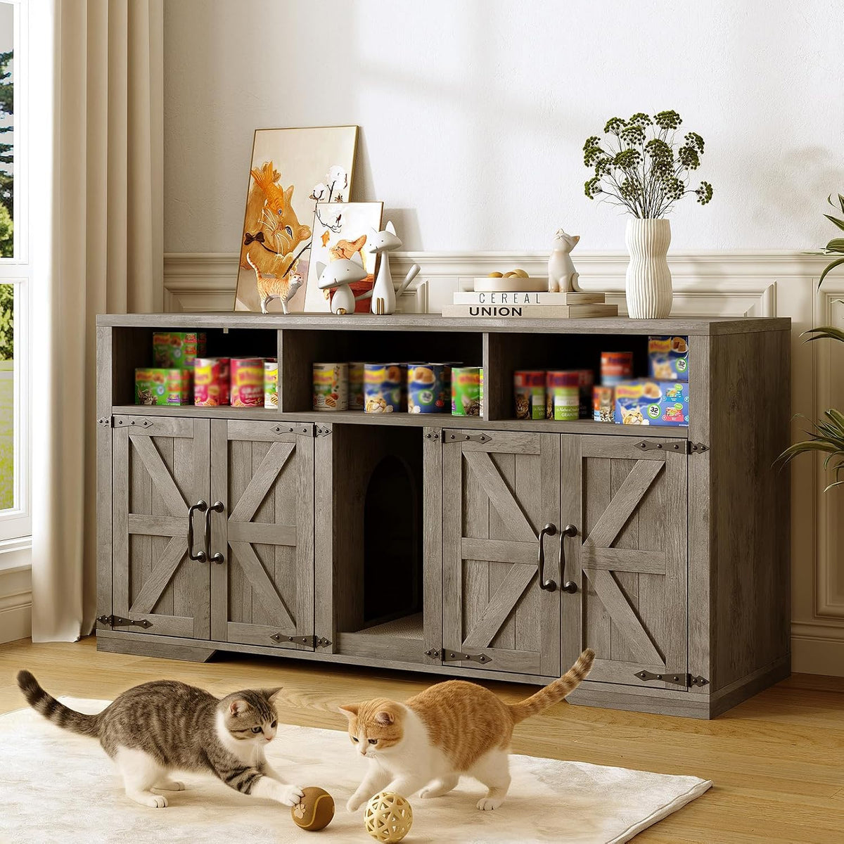 Grey wooden litter box enclosure for two cats used as TV stand