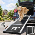 Foldable aluminum alloy dog ramp with non-slip surface leaning on an SUV