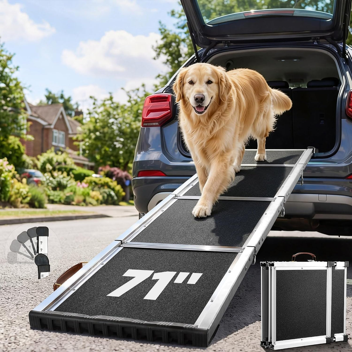 Foldable aluminum alloy dog ramp with non-slip surface leaning on an SUV