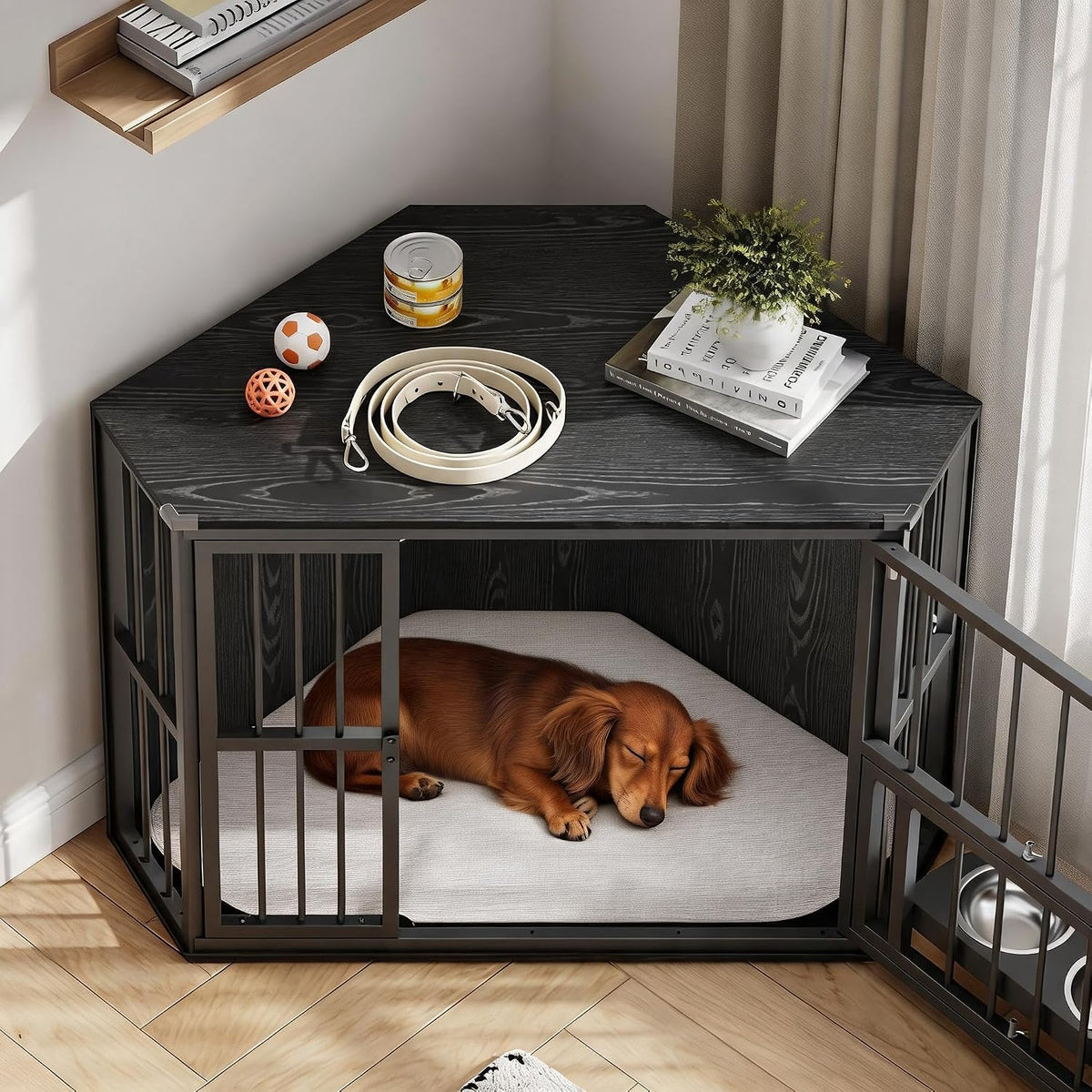Corner dog crate cabinet with iron bars and wood top – view 4