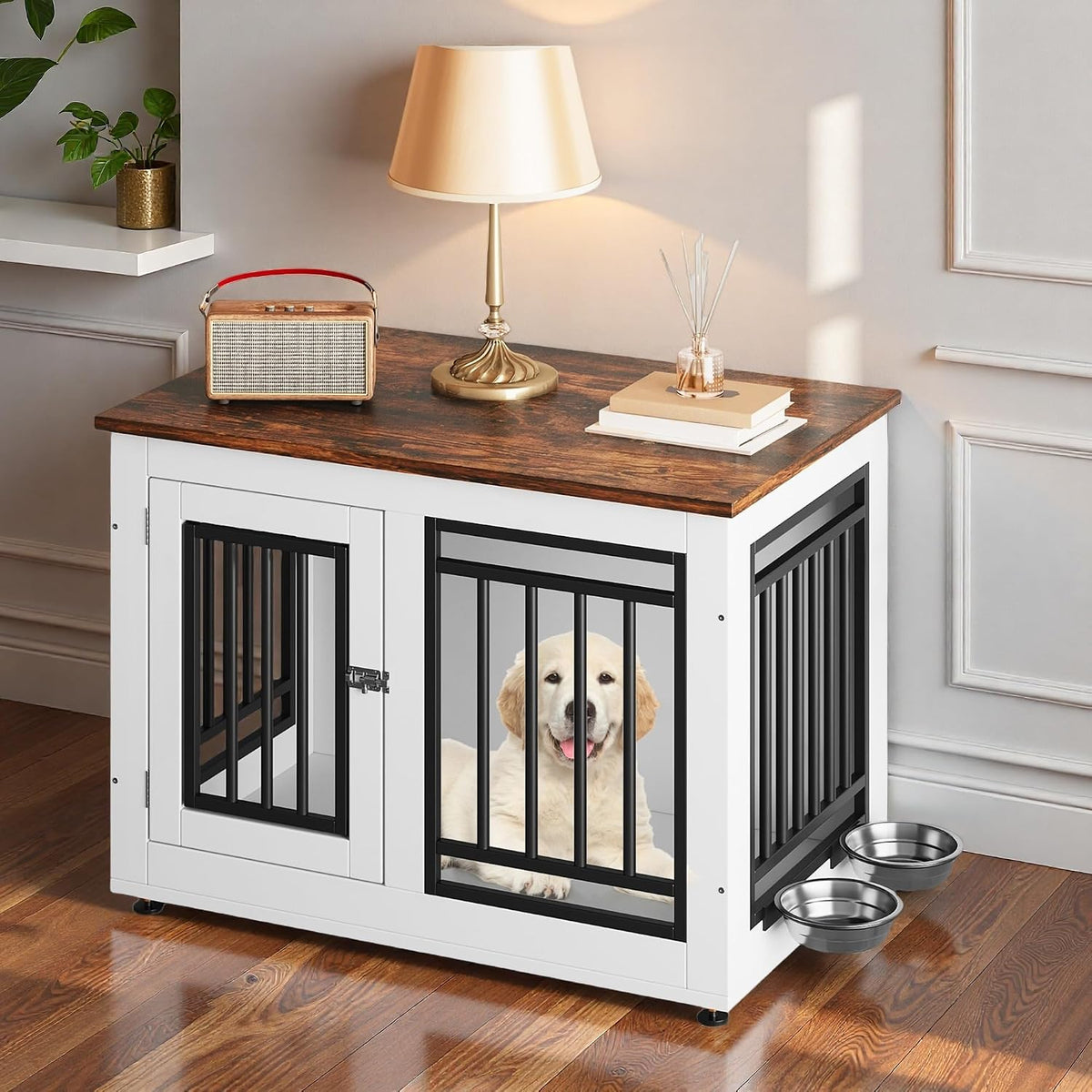 White modern wooden dog crate end table with swivel stainless steel bowls – view 2