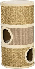Khaki Cat Condo, 3-Story Barrel-Shaped Wood Tree with Sisal Scratching Pad, 14.8 x 14.8 x 27.5 Inches