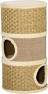 Khaki Cat Condo, 3-Story Barrel-Shaped Wood Tree with Sisal Scratching Pad, 14.8 x 14.8 x 27.5 Inches