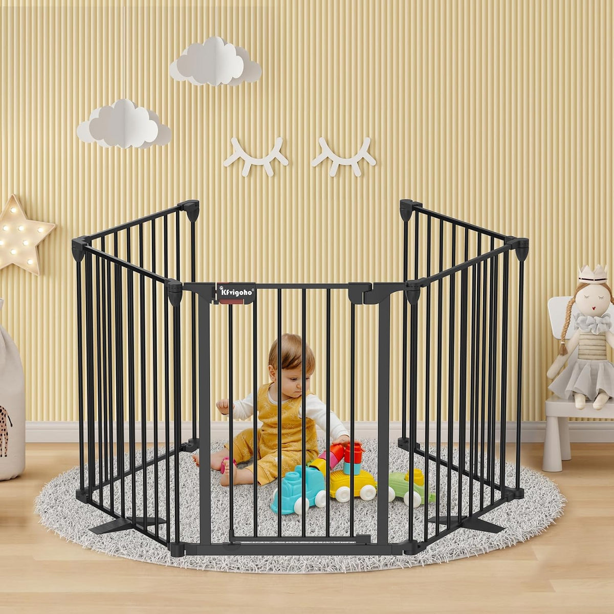 Black extra-wide five panel steel pet gate around a fireplace – view 2