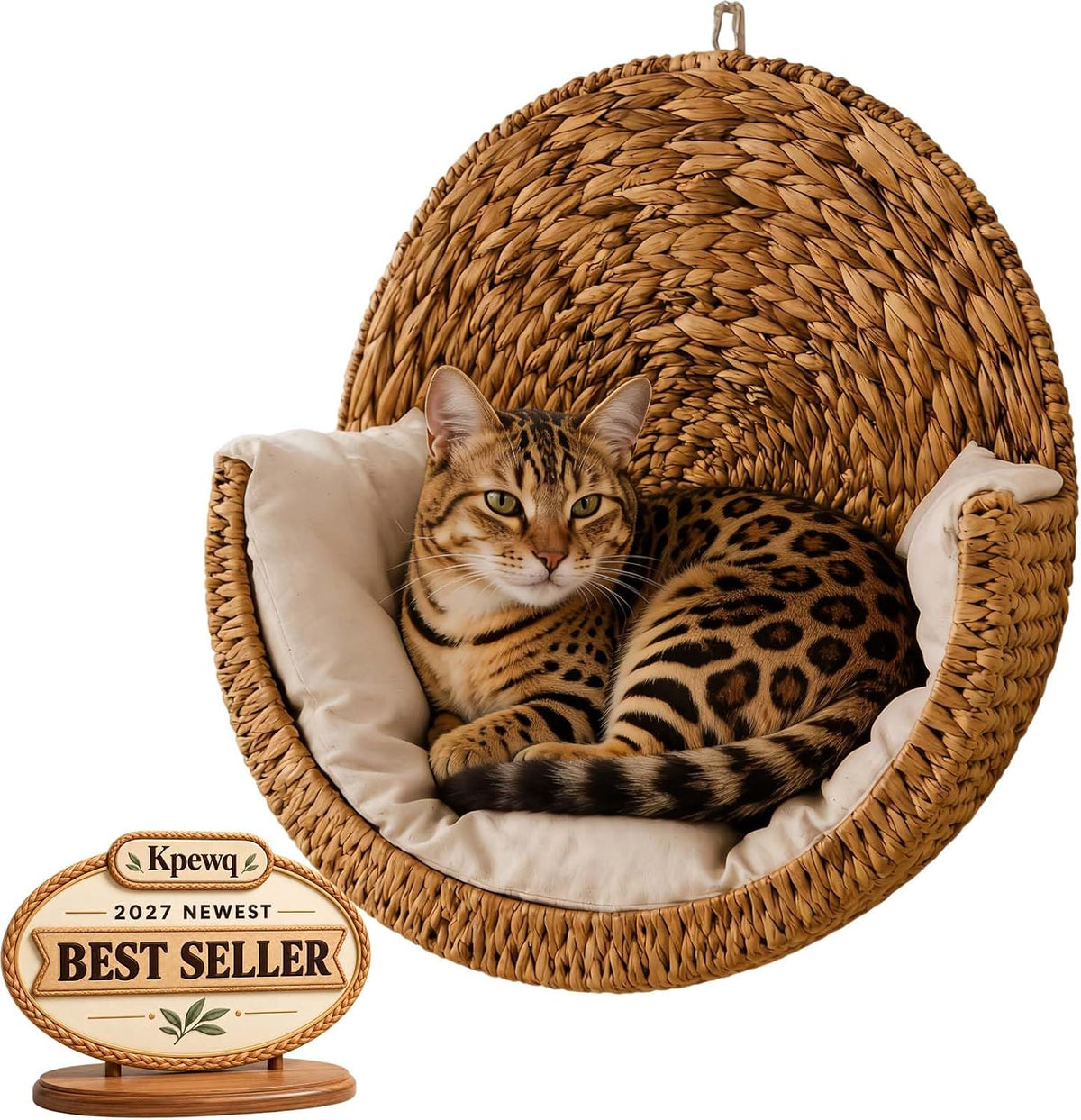 Two hand-woven wicker wall-mounted cat beds with plush cushions