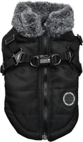 Black waterproof winter dog jacket with integrated harness, small