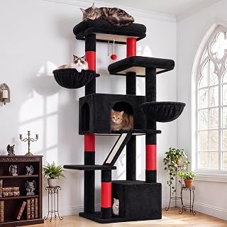 69-Inch Heavy-Duty Cat Tree with Large Platform, 5 Scratching Posts, Sisal Board and Hammock, S69, Black-Red Gothic